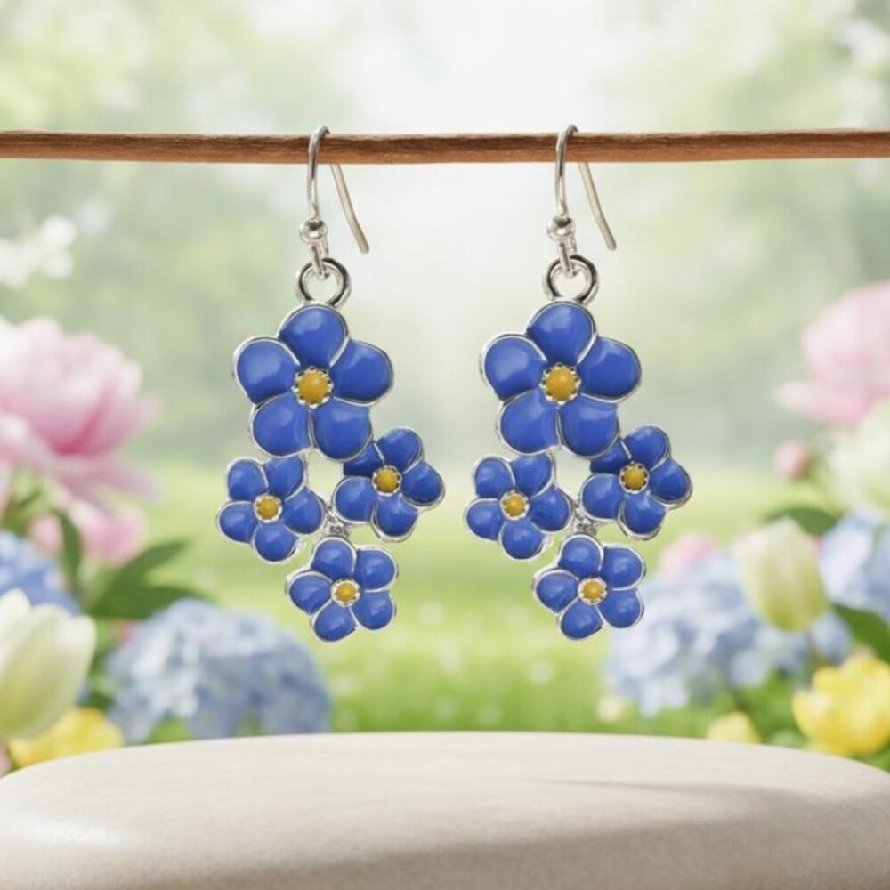Drop Earrings Blue Forget-Me-Not Flowers Handcrafted Bohemian Botanical Jewelry